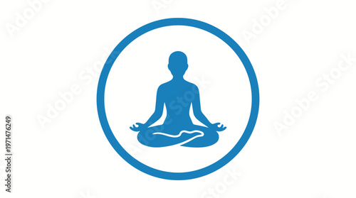 Blue circular icon featuring a silhouette of a person sitting in a lotus meditation pose, symbolizing peace, mindfulness, yoga, and inner balance, isolated white background.
