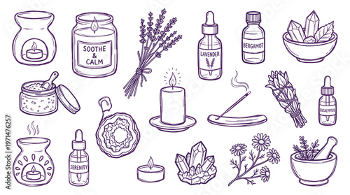 Aromatherapy and wellness collection with essential oils, candles, herbs, and crystals for relaxation and self care