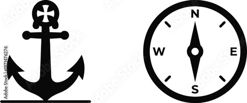 Classic nautical anchor and compass rose illustration for maritime navigation.