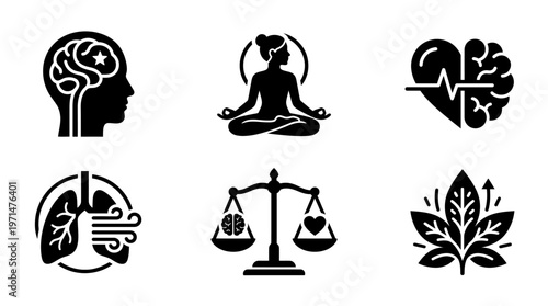 Holistic Mind and Body Wellness Black Silhouette Icons Set, Meditation and Healthy Living on Isolated White Background