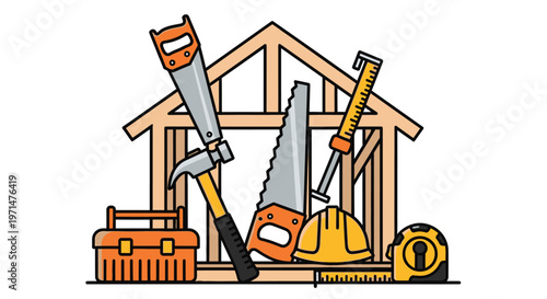 Construction tools including a hammer saw and level arranged in front of a house frame