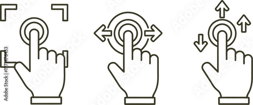 Touch screen gesture vector illustration set with hands demonstrating various interface interactions like tap focus, swipe, and scroll on a yellow background.