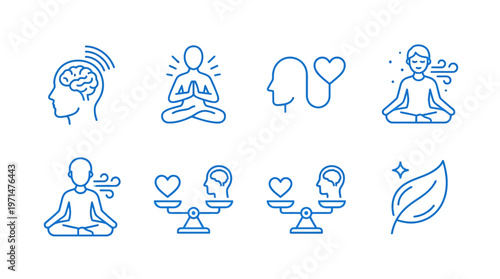 Mental Health and Wellness Line Art Icons, Mindful Living and Self-Care on Isolated White Background