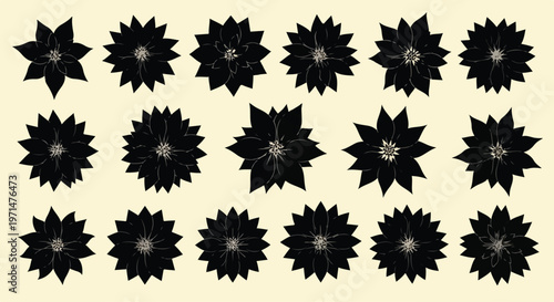 Collection of abstract black starburst geometric shapes arranged in rows on a textured cream background