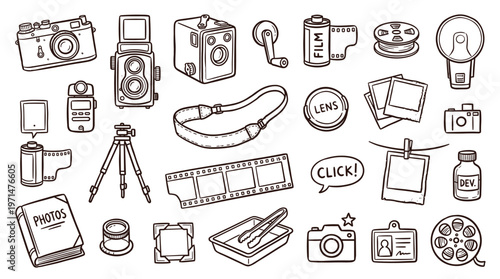Vintage Camera Collection and Photography Accessories Doodle Art