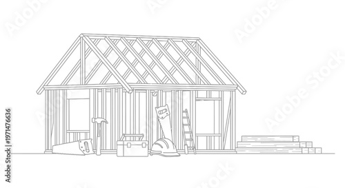 Line drawing of a small wooden structure under construction with tools nearby