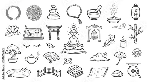 Zen meditation and mindfulness symbols collection for wellness and tranquility