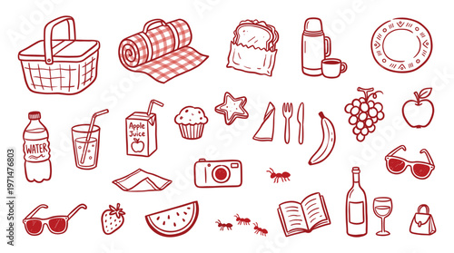 Hand drawn picnic essentials and food items for a delightful outdoor meal and summer recreation