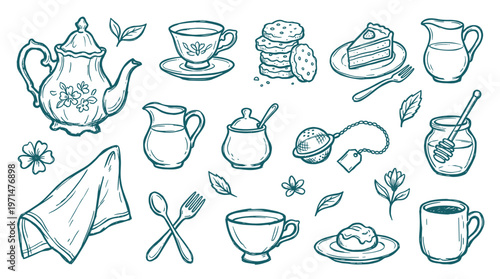 Hand drawn tea time illustration with teapot cups cookies cake and honey delicious beverage break concept
