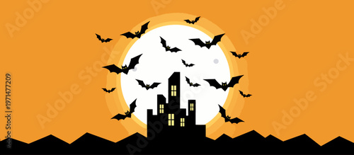 Flying bat silhouettes against a full moon. Halloween night scene with a spooky city skyline. Orange vector background illustration