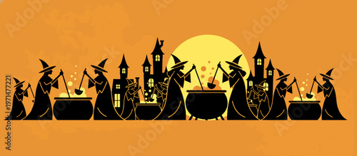 Halloween witches stirring cauldrons silhouette. Spooky castle and full moon background. Flat vector illustration for holiday party banner
