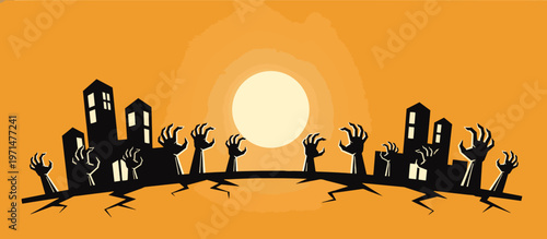 Zombie hands rising from the ground silhouette. Halloween apocalypse scene with city skyline. Spooky horror vector illustration for a party banner