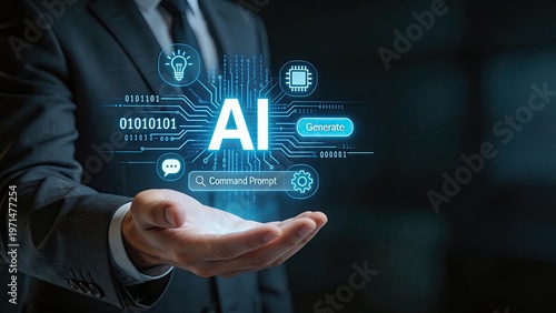 Businessman hand holding glowing AI digital interface with circuit board binary code generate button and command prompt for artificial intelligence technology concept