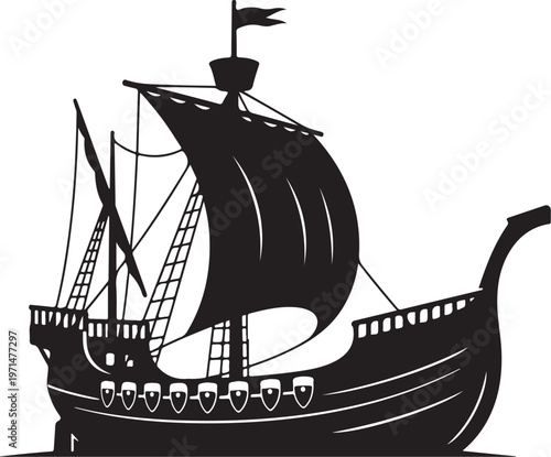Viking ship, medieval sailing vessel, black silhouette, nautical icon, vector illustration