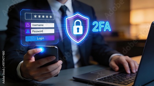 Businessman using smartphone with two factor authentication 2FA login security shield hologram interface for data protection cyber security concept secure access system digital