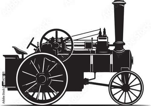 Vintage steam tractor, antique farm equipment, black silhouette illustration, industrial machine