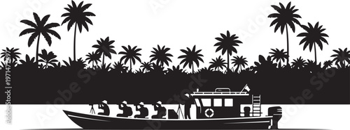 Black silhouette boat, tropical island, palm trees, vector illustration, nautical scene