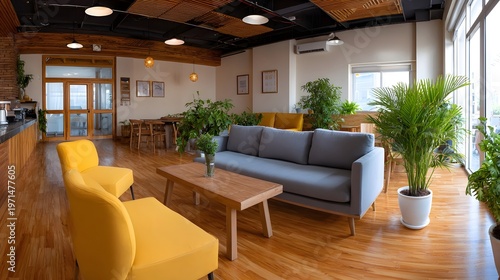 Modern coworking space lounge with lush plants and comfortable seating