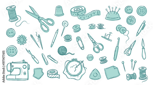Sewing and Tailoring Tools Collection Hand Drawn Sketch Style