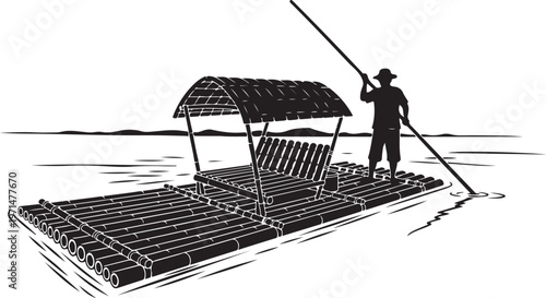 Black and white vector illustration of a man on a raft, paddling, wooden boat, serene lake scene