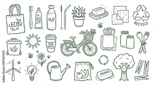 Eco friendly lifestyle collection of sustainable zero waste items and symbols for green living and environmental protection