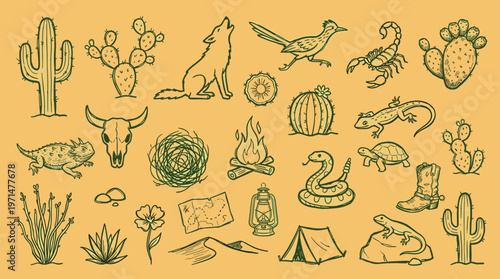 Desert Wildlife and Camping Icons Hand Drawn Sketch Style on Textured Background
