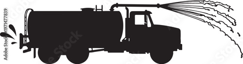 Black silhouette fire truck, water tanker, fire engine icon, emergency vehicle