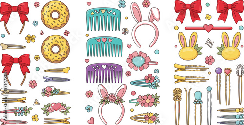 Cute Hair Accessories and Bunny Headbands Vector Illustration Set with Hair Clips, Combs, Bows and Decorative Hairpins Collection