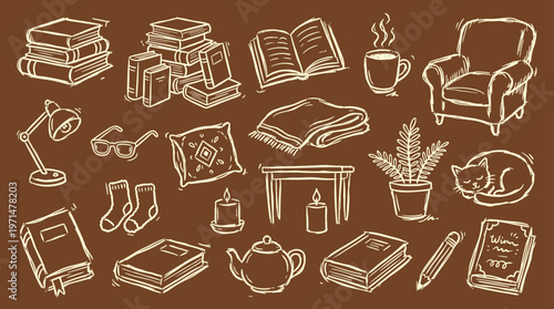 Cozy Reading Nook Elements Cozy Atmosphere Book Lover Home Comforts Hygge Lifestyle Illustration