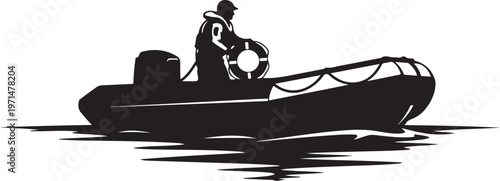 Fishing boat silhouette, man fishing, black vector icon, watercraft illustration