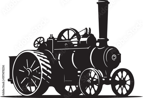 Vintage Steam Tractor, Black Silhouette, Industrial Icon, Vector Illustration
