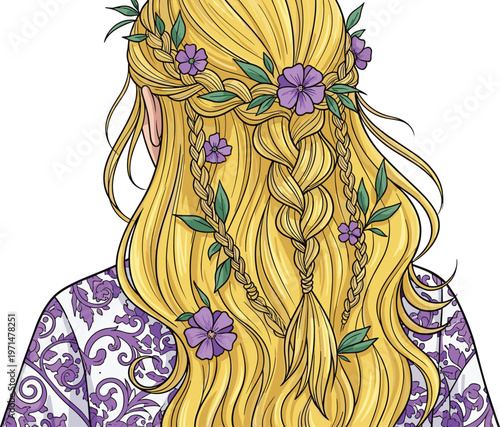 Braided Blonde Hairstyle with Flowers Vector Illustration, Back View Woman Hair Braid with Floral Decoration Boho Hairstyle Design