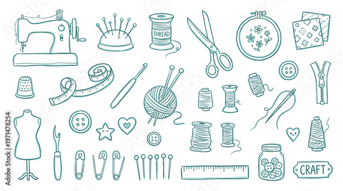 Hand drawn sewing and crafting supplies collection with sewing machine scissors thread and buttons artistic sketch on white background