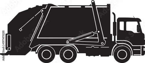 Black garbage truck, waste management vehicle, sanitation truck, garbage collector illustration