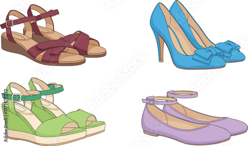 Women Footwear Icon Set Featuring Sandals, Wedges, High Heels, and Flats in Stylish Colors for Fashion, Summer Outfit, and Shoe Collection Design