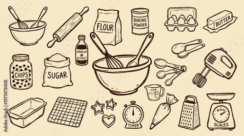 Baking ingredients and tools collection for homemade desserts and pastries illustration on beige background