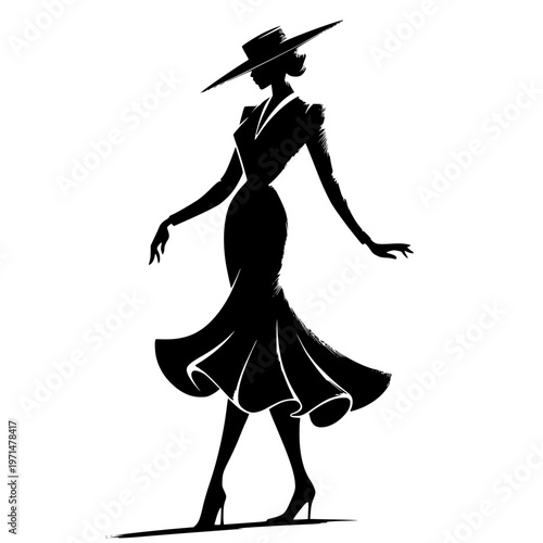 Vector graphic illustration of a woman in a dress and hat captured in a dynamic pose