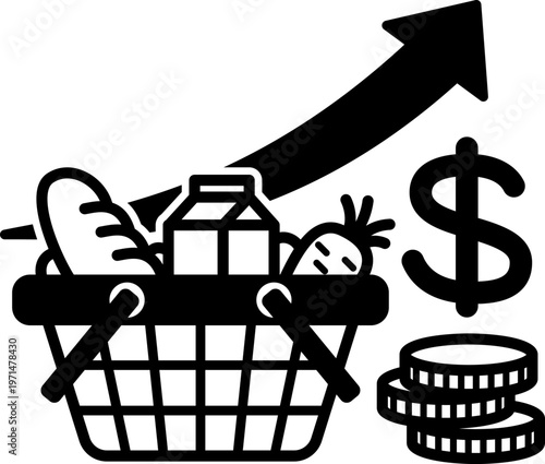 インフレ・物価上昇を表すシンプルな白黒アイコン（Inflation Icon – Simple Black and White Flat Vector）
