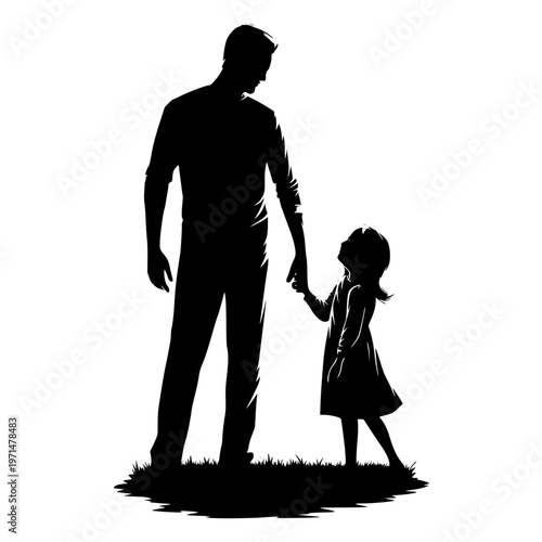 Silhouette of a man and a little girl holding hands in a field