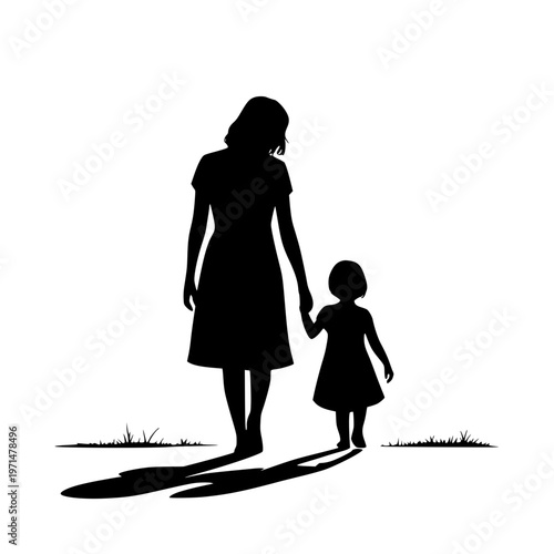 Silhouette of a woman and a little girl walking hand in hand in a field with shadows on the ground with grass