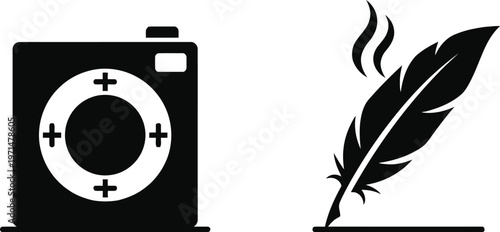 Contrast of vintage camera and quill pen symbolizing technology and tradition