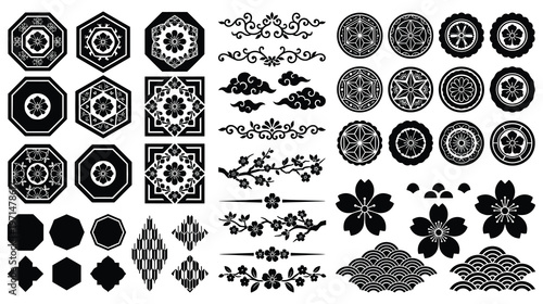 Traditional japanese ornament set with cherry blossoms and clouds.