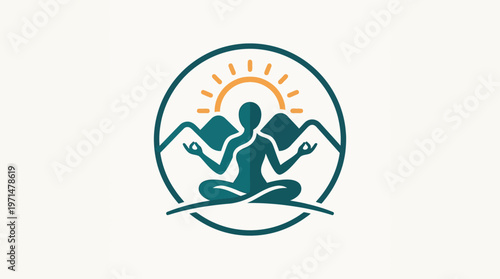Zen Meditation Logo with Mountains and Sun
