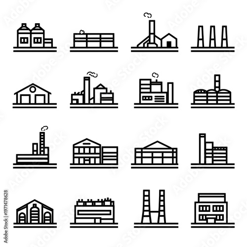 Sixteen factory building line art icons industrial architecture manufacturing plants.