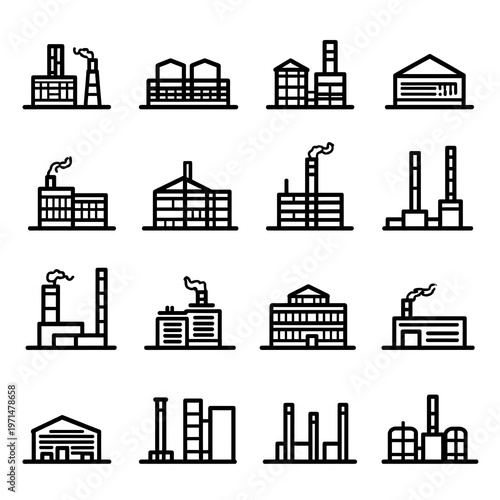 Industrial factory buildings with smokestacks icons collection on white background.