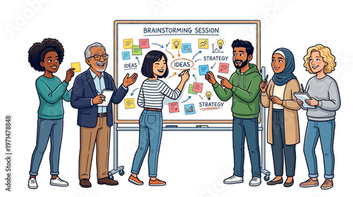 Diverse group of people brainstorming together.