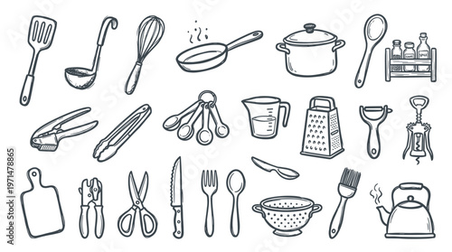 Drawn Kitchen Utensils Collection Cooking Tools and Gadgets for Food Preparation and Culinary Activities
