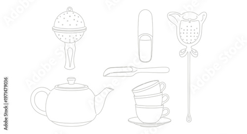 Line drawing of tea infusers teapot cups and accessories on a white background