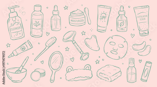 Hand drawn skincare products and beauty tools for a healthy glowing complexion and self care routine