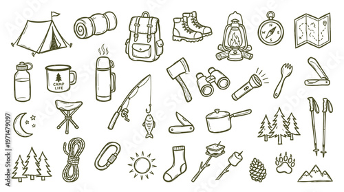 Hand Drawn Camping Gear Icons Collection For Outdoor Adventures And Recreation